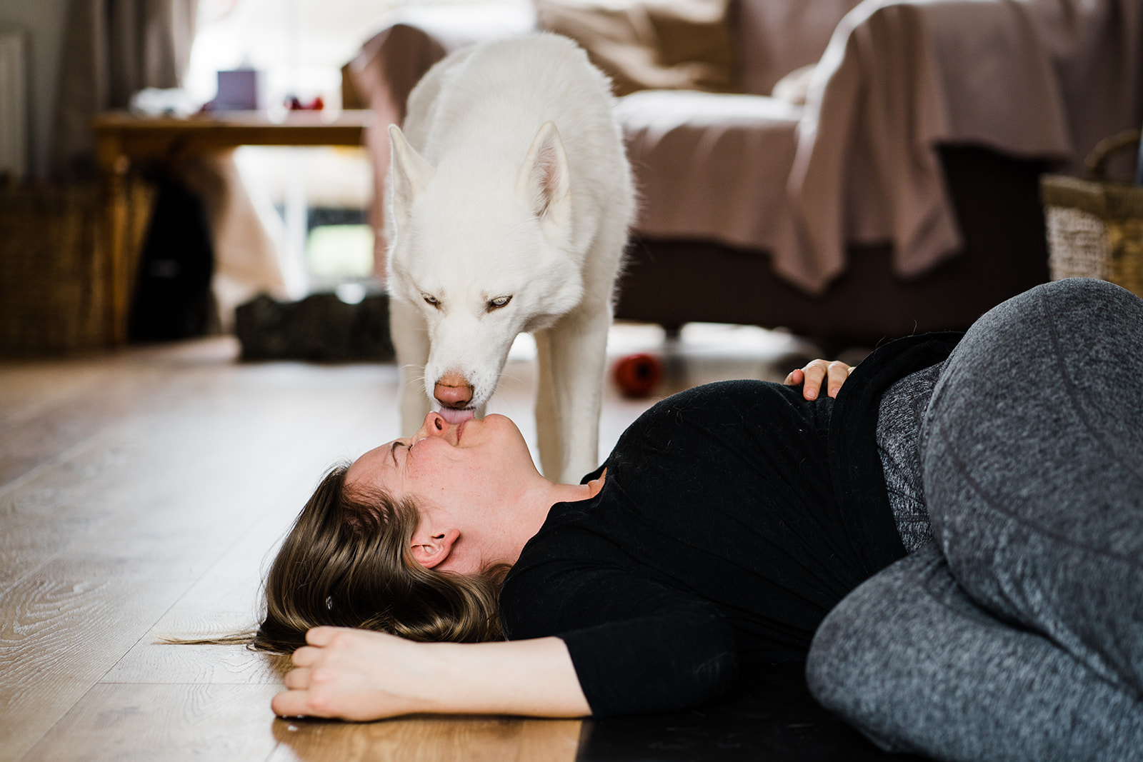 Husky licking its owners face while she is laying on the floor.